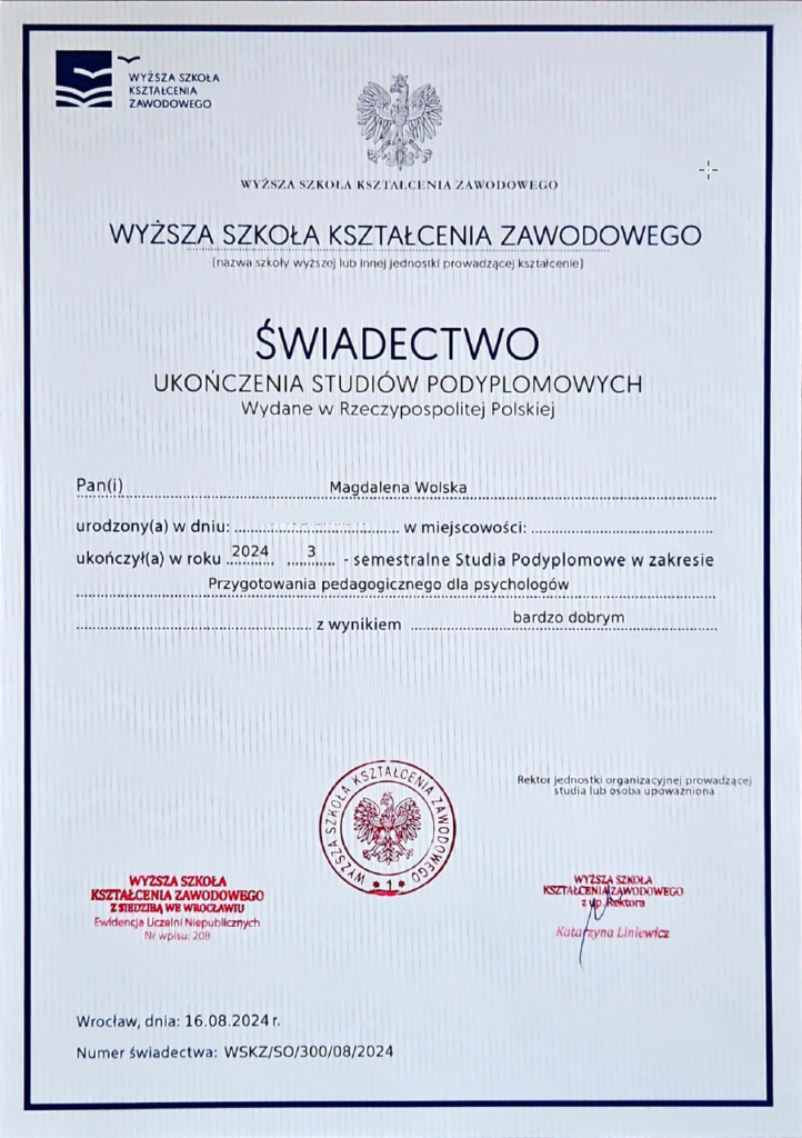 Dyplom ukończenia studiów podyplomowych - przygotowanie pedagogiczne dla psychologów
